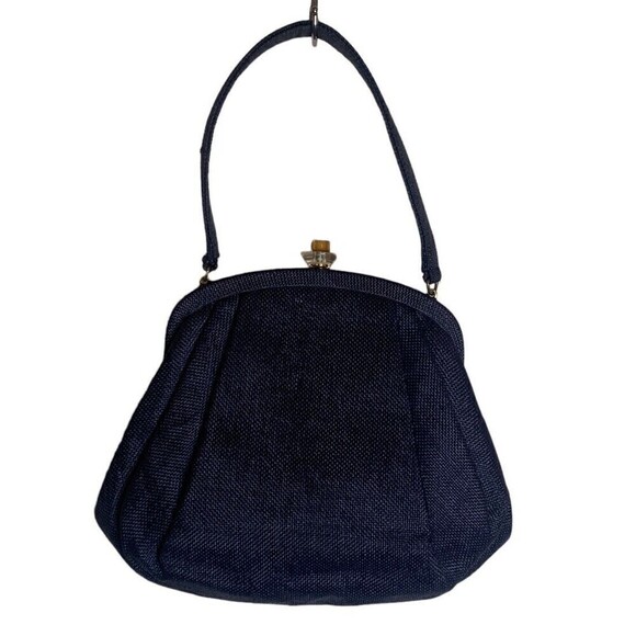 Handbags - Vintage 1950s Handbag Purse Clutch Navy Blue Woven Mid Century Lucite Clasp